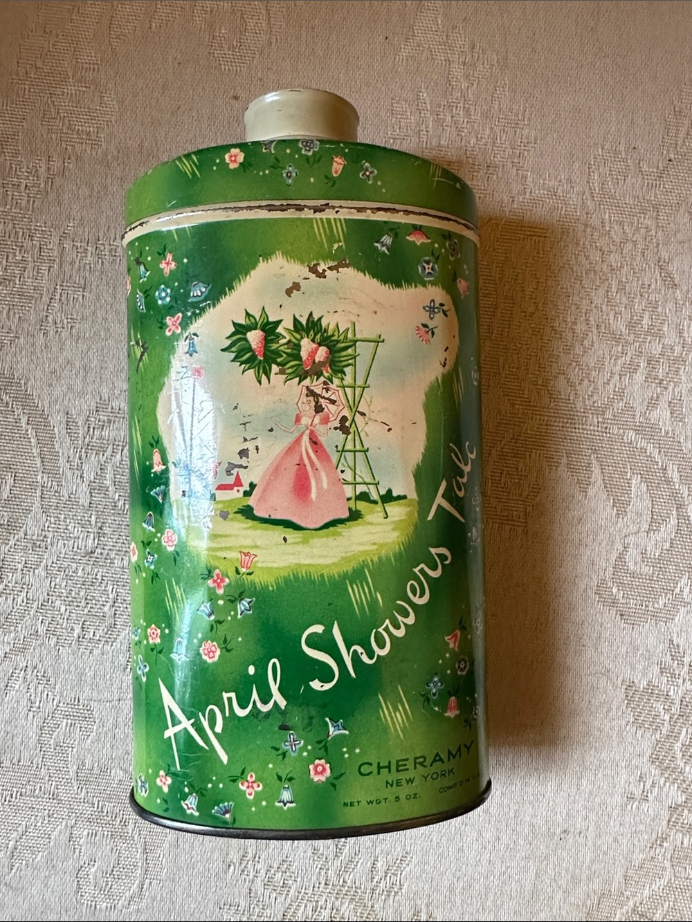 1940s April Showers Talc Tin by Cheramy New York, still vibrant colors